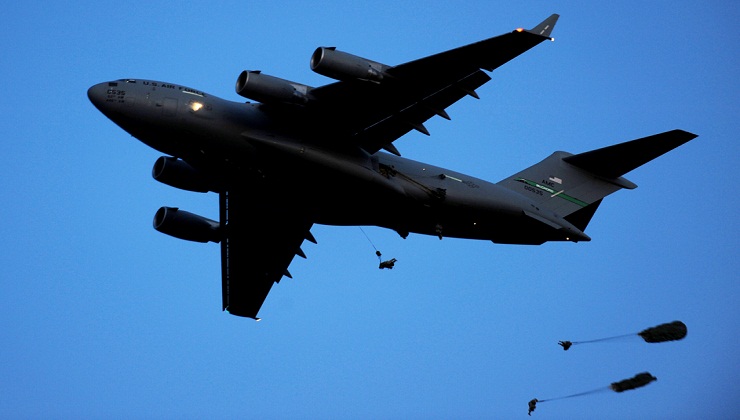 Paratroopers Jump from C-17 Globemaster III Planes