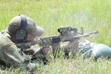 Multinational competitors conduct a zero and dope range during the European Best Sniper Competition at 7th Army Training Command's Grafenwoehr Training Area, July 20, 2019.