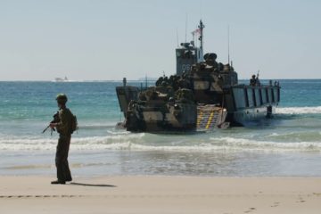 Forces from the United States, Australia, and Japan Stage an Amphibious Assault